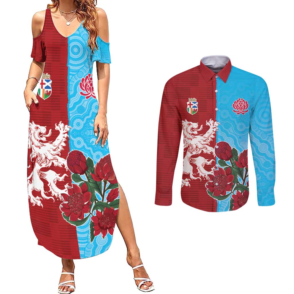Custom British Lions Waratahs Couples Matching Summer Maxi Dress and Long Sleeve Button Shirt Unique Style - Wonder Print Shop