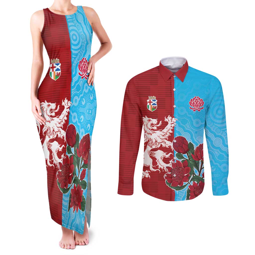 Custom British Lions Waratahs Couples Matching Tank Maxi Dress and Long Sleeve Button Shirt Unique Style - Wonder Print Shop