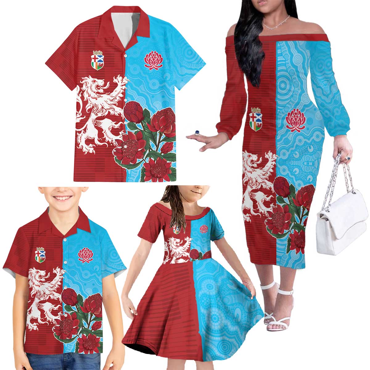 Custom British Lions Waratahs Family Matching Off The Shoulder Long Sleeve Dress and Hawaiian Shirt Unique Style - Wonder Print Shop