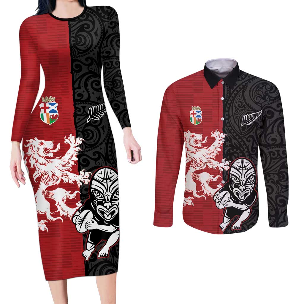 Custom British Lions New Zealand Couples Matching Long Sleeve Bodycon Dress and Long Sleeve Button Shirt Unique Style - Wonder Print Shop