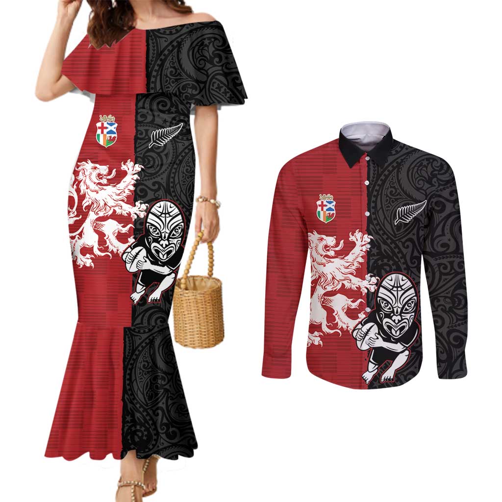 Custom British Lions New Zealand Couples Matching Mermaid Dress and Long Sleeve Button Shirt Unique Style - Wonder Print Shop