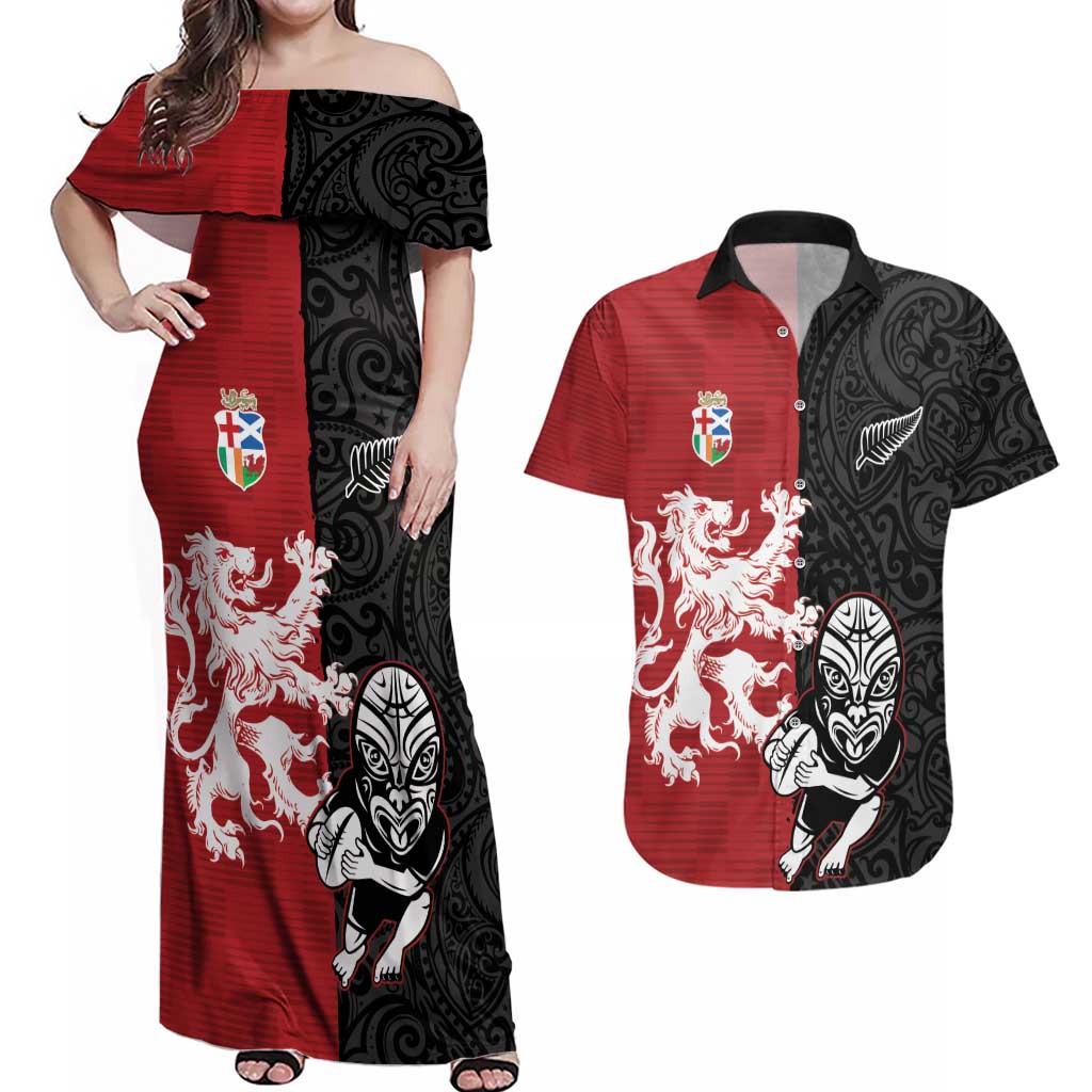 Custom British Lions New Zealand Couples Matching Off Shoulder Maxi Dress and Hawaiian Shirt Unique Style - Wonder Print Shop