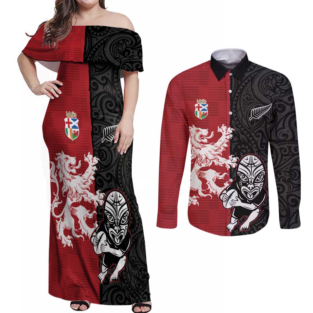 Custom British Lions New Zealand Couples Matching Off Shoulder Maxi Dress and Long Sleeve Button Shirt Unique Style - Wonder Print Shop