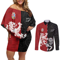 Custom British Lions New Zealand Couples Matching Off Shoulder Short Dress and Long Sleeve Button Shirt Unique Style - Wonder Print Shop