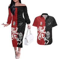 Custom British Lions New Zealand Couples Matching Off The Shoulder Long Sleeve Dress and Hawaiian Shirt Unique Style - Wonder Print Shop