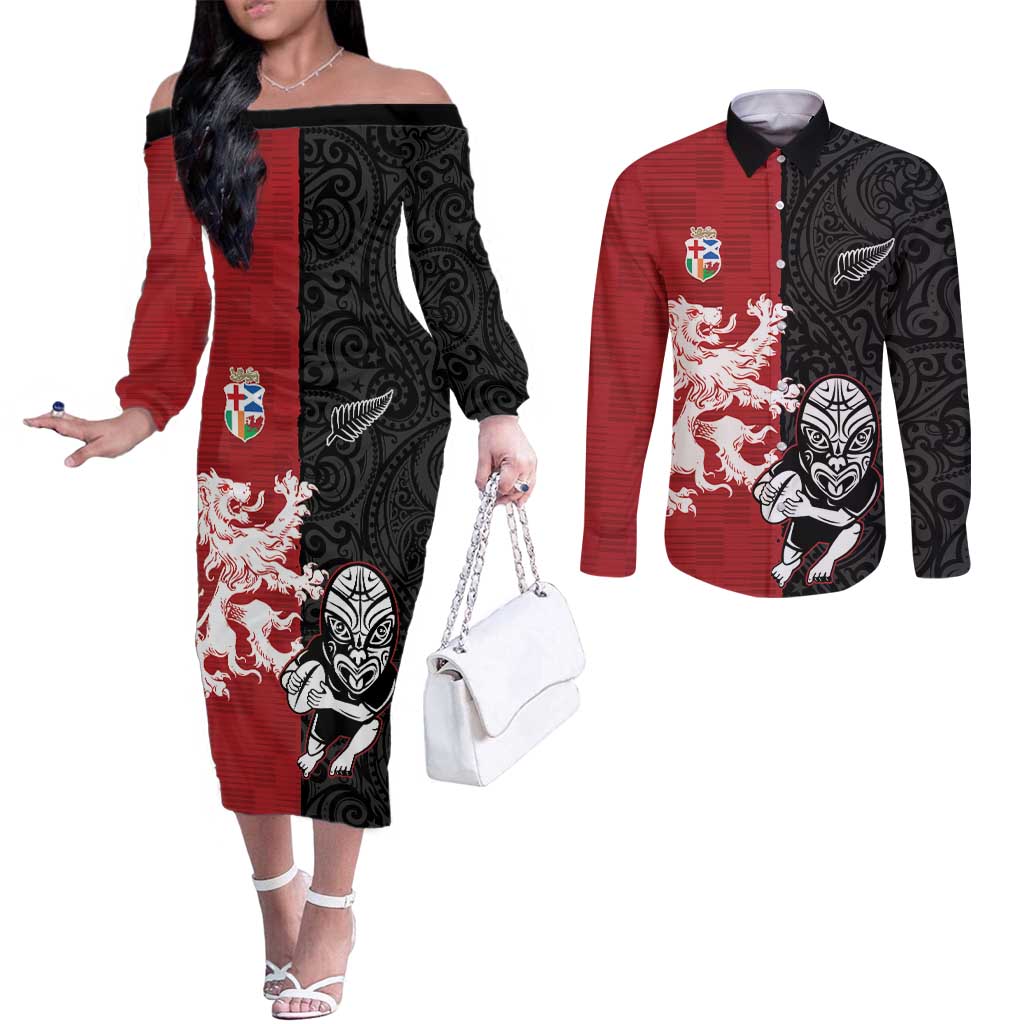 Custom British Lions New Zealand Couples Matching Off The Shoulder Long Sleeve Dress and Long Sleeve Button Shirt Unique Style - Wonder Print Shop