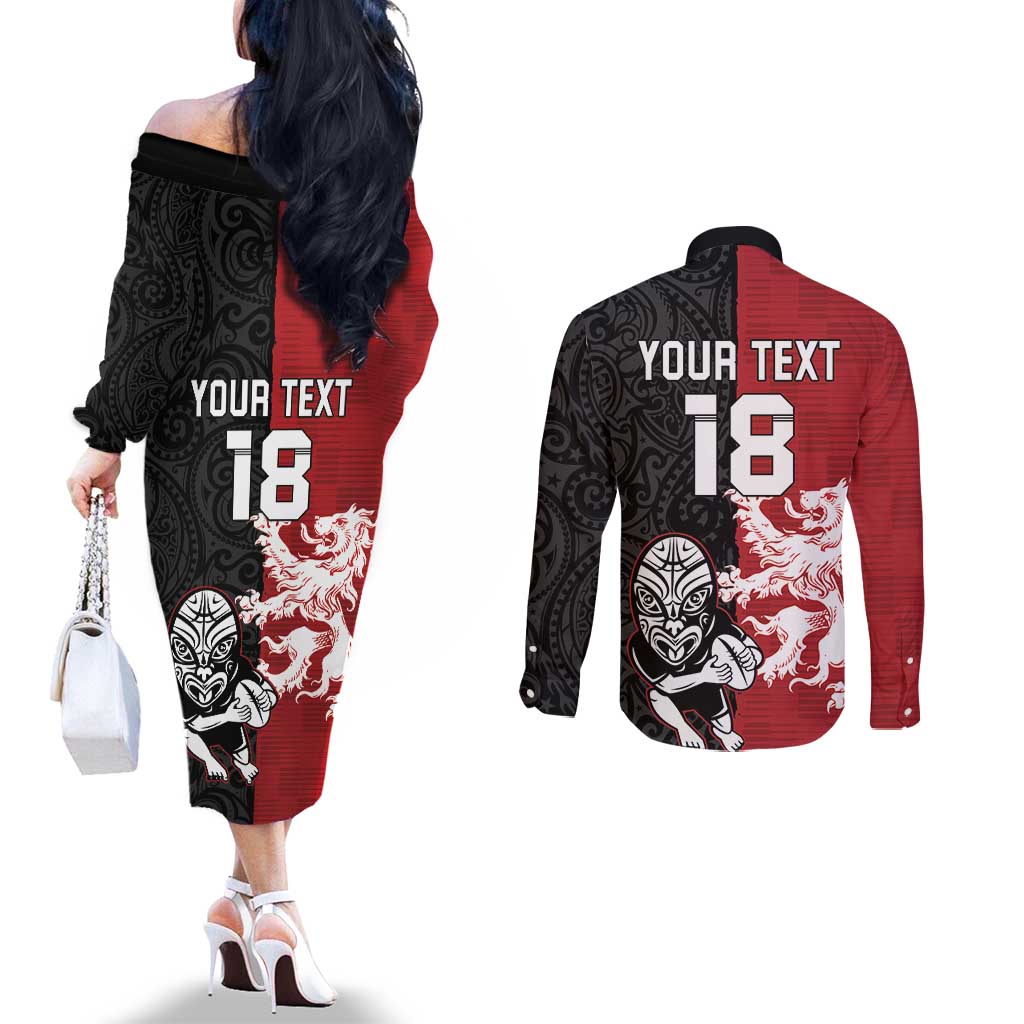 Custom British Lions New Zealand Couples Matching Off The Shoulder Long Sleeve Dress and Long Sleeve Button Shirt Unique Style - Wonder Print Shop