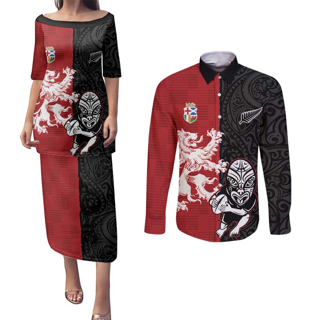 Custom British Lions New Zealand Couples Matching Puletasi and Long Sleeve Button Shirt Unique Style - Wonder Print Shop