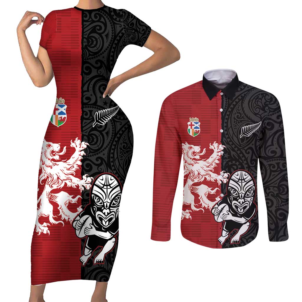Custom British Lions New Zealand Couples Matching Short Sleeve Bodycon Dress and Long Sleeve Button Shirt Unique Style - Wonder Print Shop