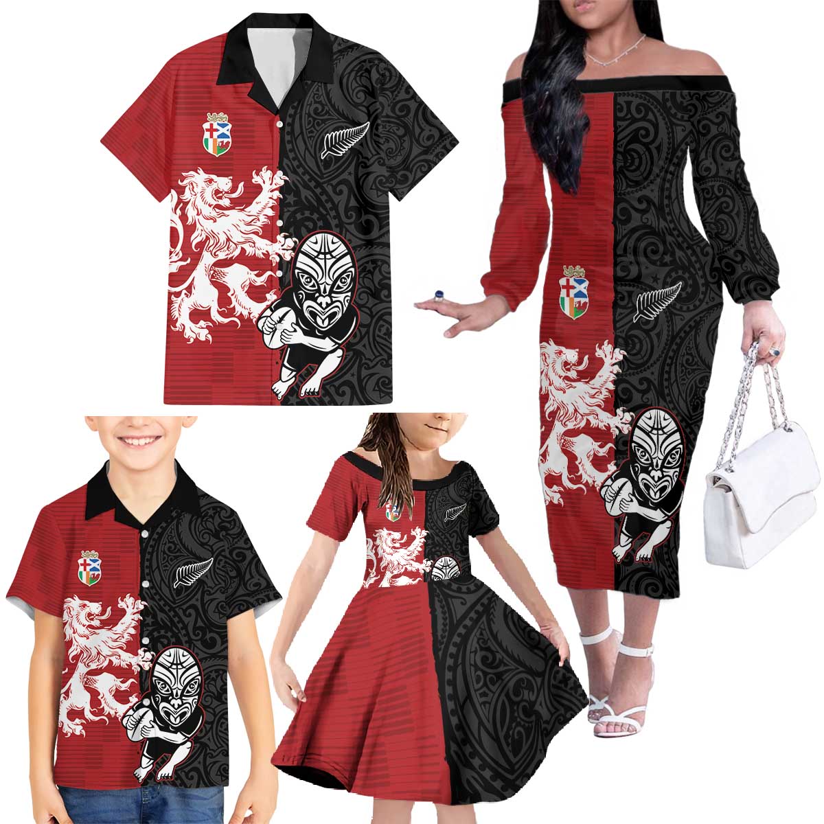 Custom British Lions New Zealand Family Matching Off The Shoulder Long Sleeve Dress and Hawaiian Shirt Unique Style - Wonder Print Shop