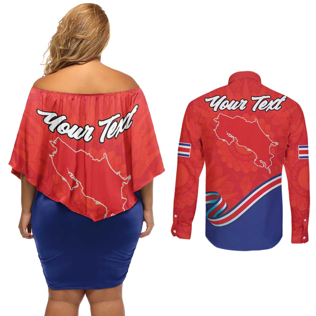 Personalized Costa Rica Independence Day Since 1821 Couples Matching Off Shoulder Short Dress and Long Sleeve Button Shirt Folk Dancer with Folk Art Pattern - Wonder Print Shop