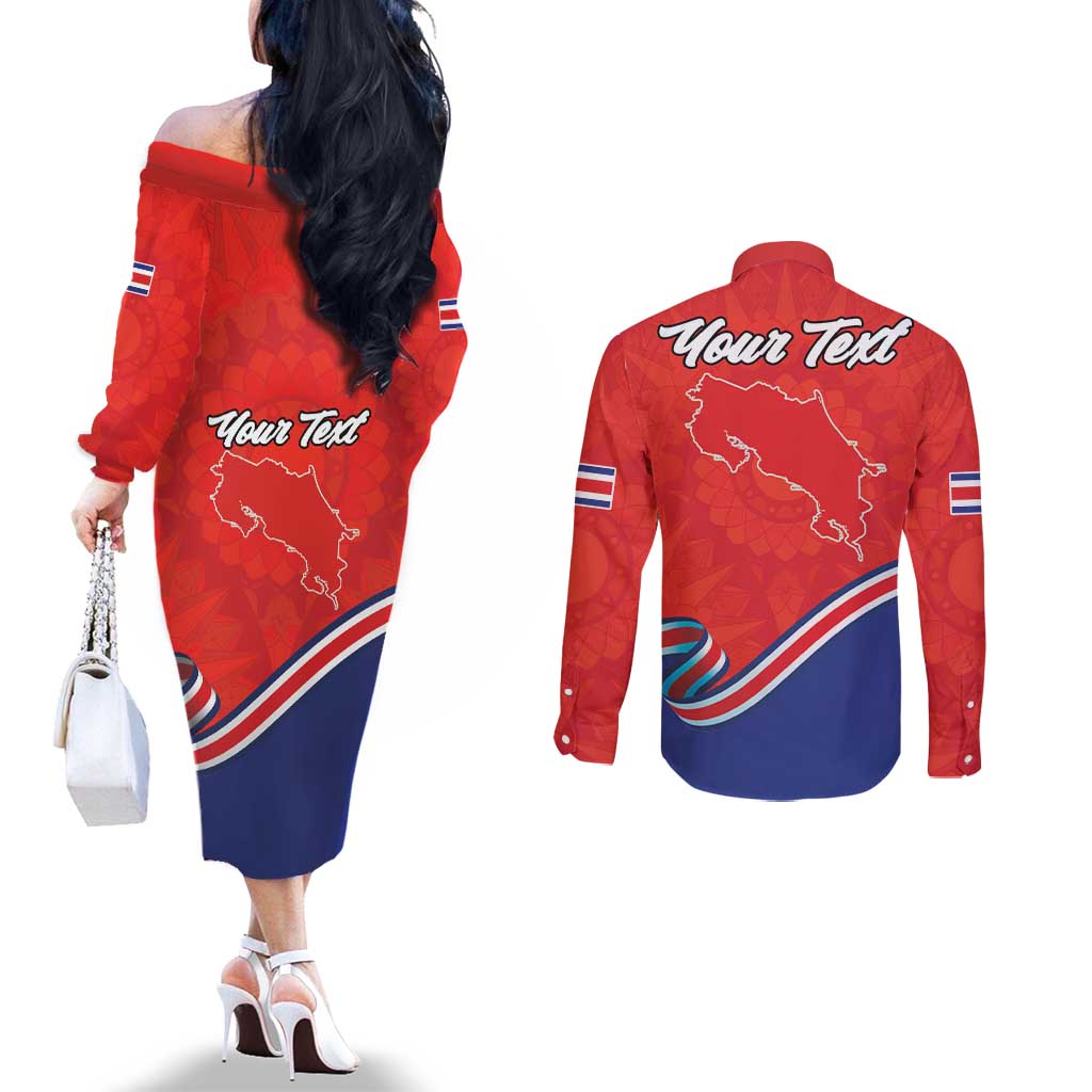 Personalized Costa Rica Independence Day Since 1821 Couples Matching Off The Shoulder Long Sleeve Dress and Long Sleeve Button Shirt Folk Dancer with Folk Art Pattern