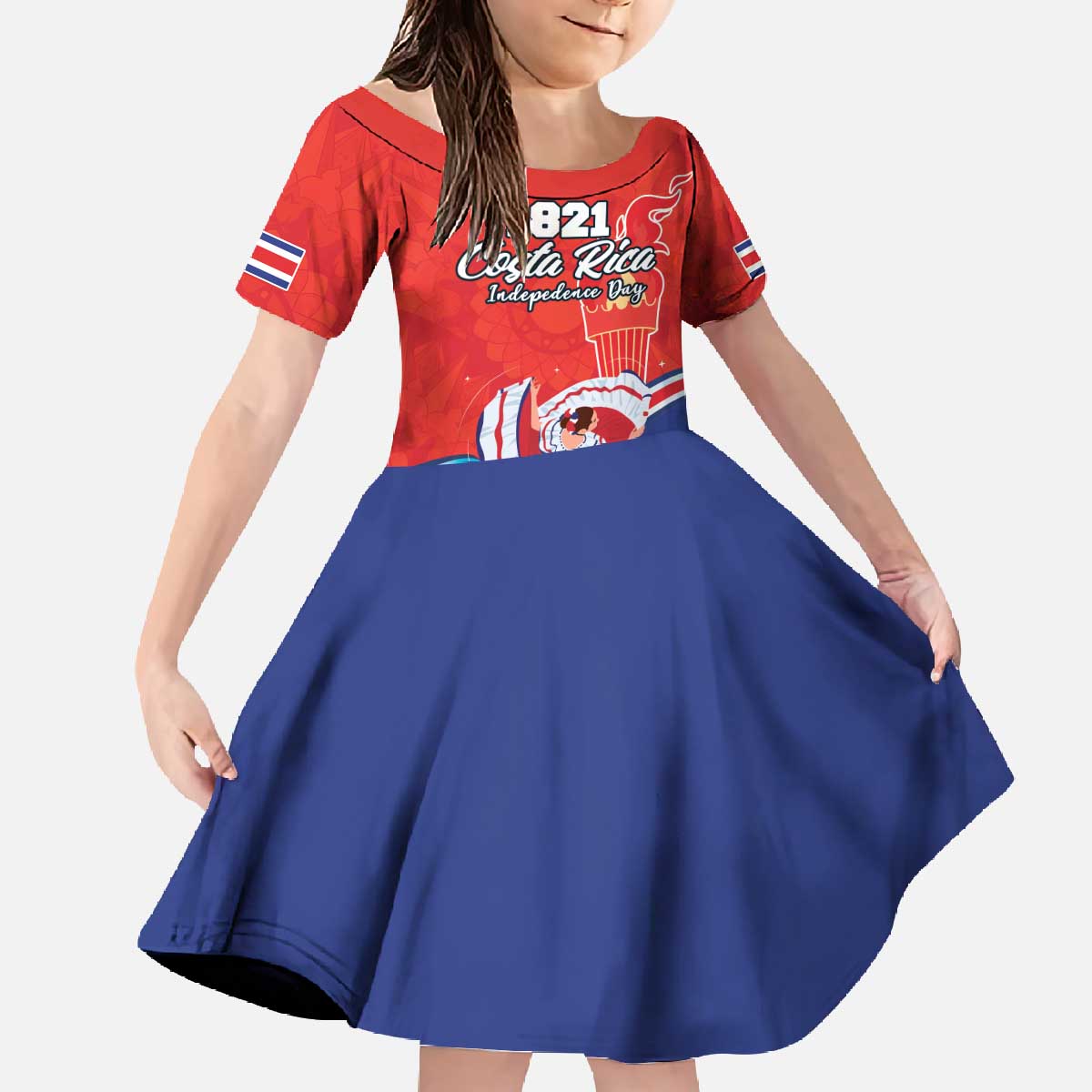Personalized Costa Rica Independence Day Since 1821 Family Matching Off The Shoulder Long Sleeve Dress and Hawaiian Shirt Folk Dancer with Folk Art Pattern - Wonder Print Shop