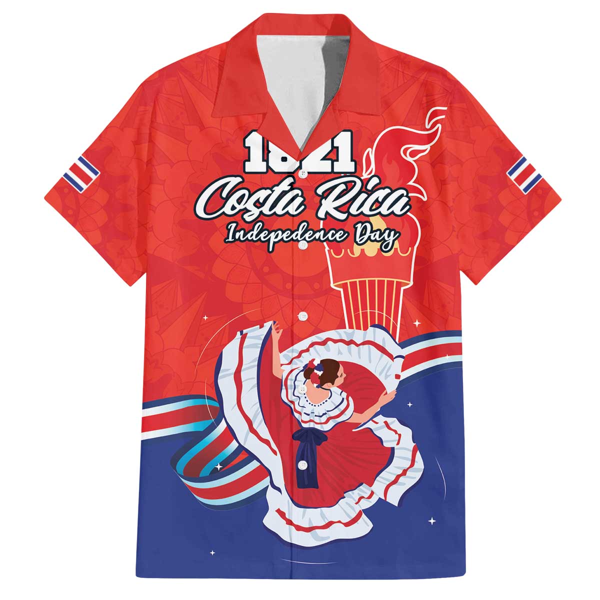 Personalized Costa Rica Independence Day Since 1821 Family Matching Off Shoulder Short Dress and Hawaiian Shirt Folk Dancer with Folk Art Pattern - Wonder Print Shop