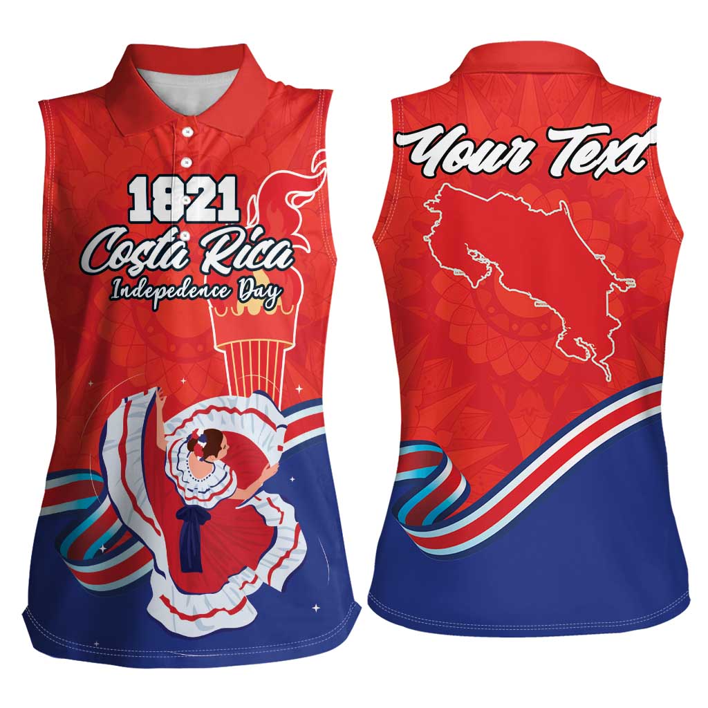 Personalized Costa Rica Independence Day Since 1821 Women Sleeveless Polo Shirt Folk Dancer with Folk Art Pattern - Wonder Print Shop