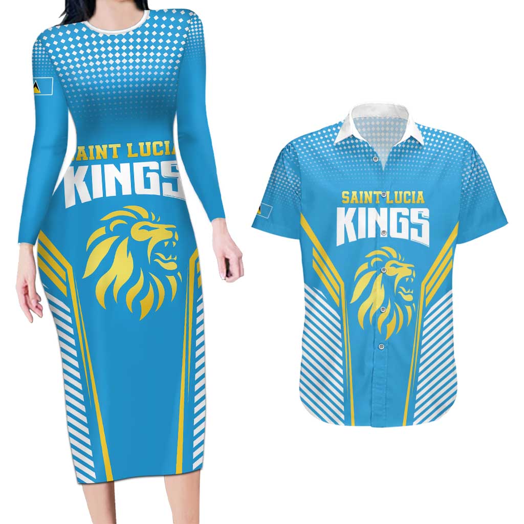 Custom Saint Lucia Kings Cricket Couples Matching Long Sleeve Bodycon Dress and Hawaiian Shirt Beinspired Go Champion - Wonder Print Shop
