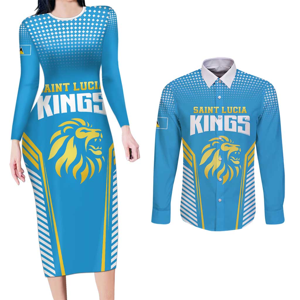 Custom Saint Lucia Kings Cricket Couples Matching Long Sleeve Bodycon Dress and Long Sleeve Button Shirt Beinspired Go Champion - Wonder Print Shop