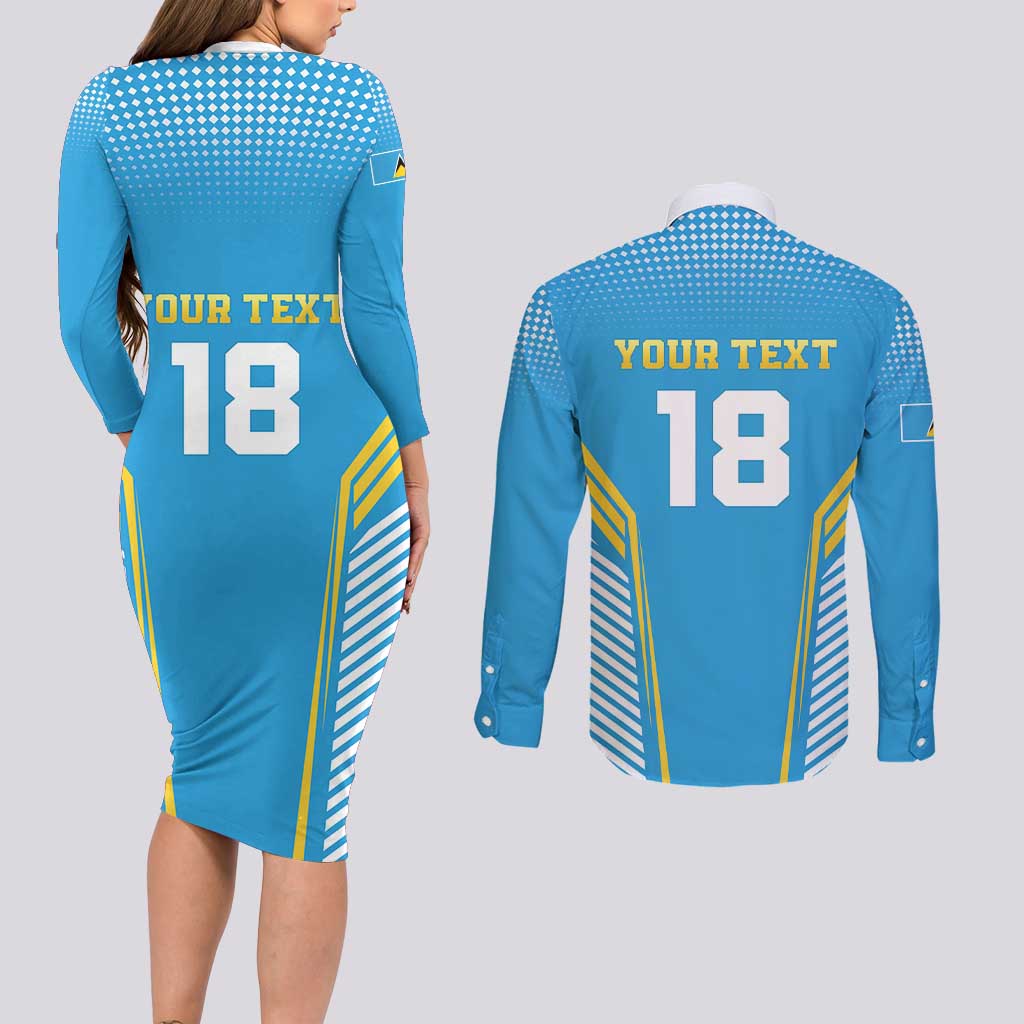 Custom Saint Lucia Kings Cricket Couples Matching Long Sleeve Bodycon Dress and Long Sleeve Button Shirt Beinspired Go Champion - Wonder Print Shop