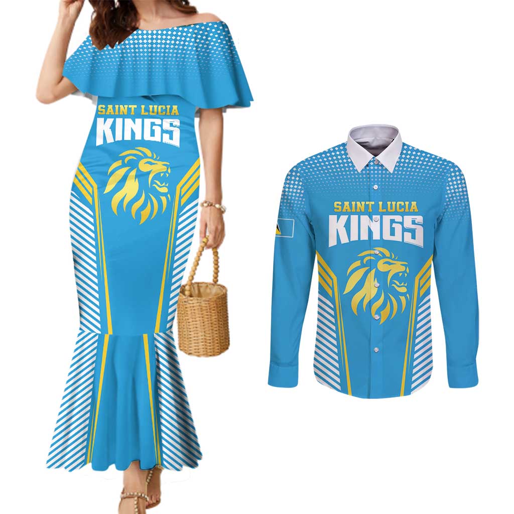 Custom Saint Lucia Kings Cricket Couples Matching Mermaid Dress and Long Sleeve Button Shirt Beinspired Go Champion - Wonder Print Shop