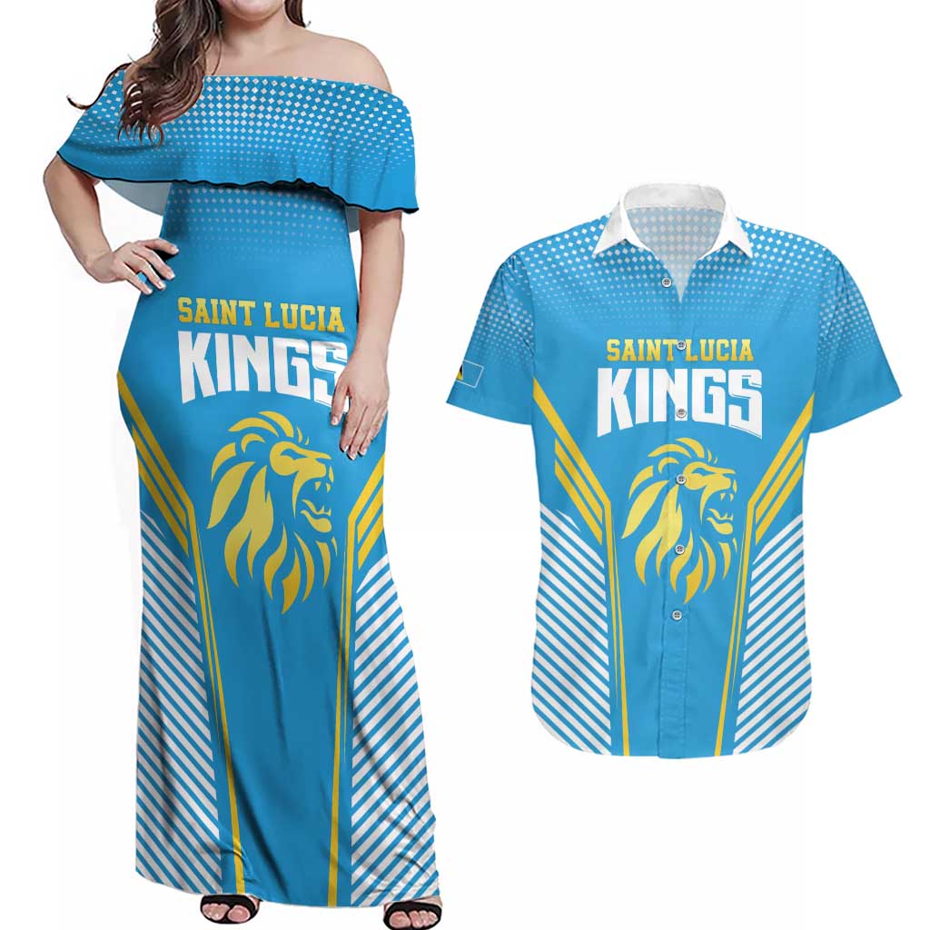 Custom Saint Lucia Kings Cricket Couples Matching Off Shoulder Maxi Dress and Hawaiian Shirt Beinspired Go Champion - Wonder Print Shop