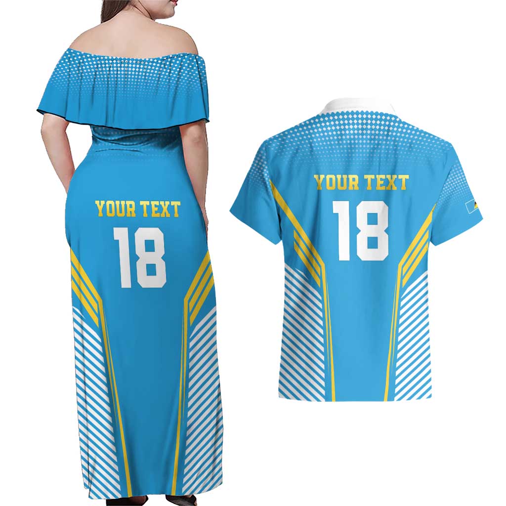 Custom Saint Lucia Kings Cricket Couples Matching Off Shoulder Maxi Dress and Hawaiian Shirt Beinspired Go Champion - Wonder Print Shop