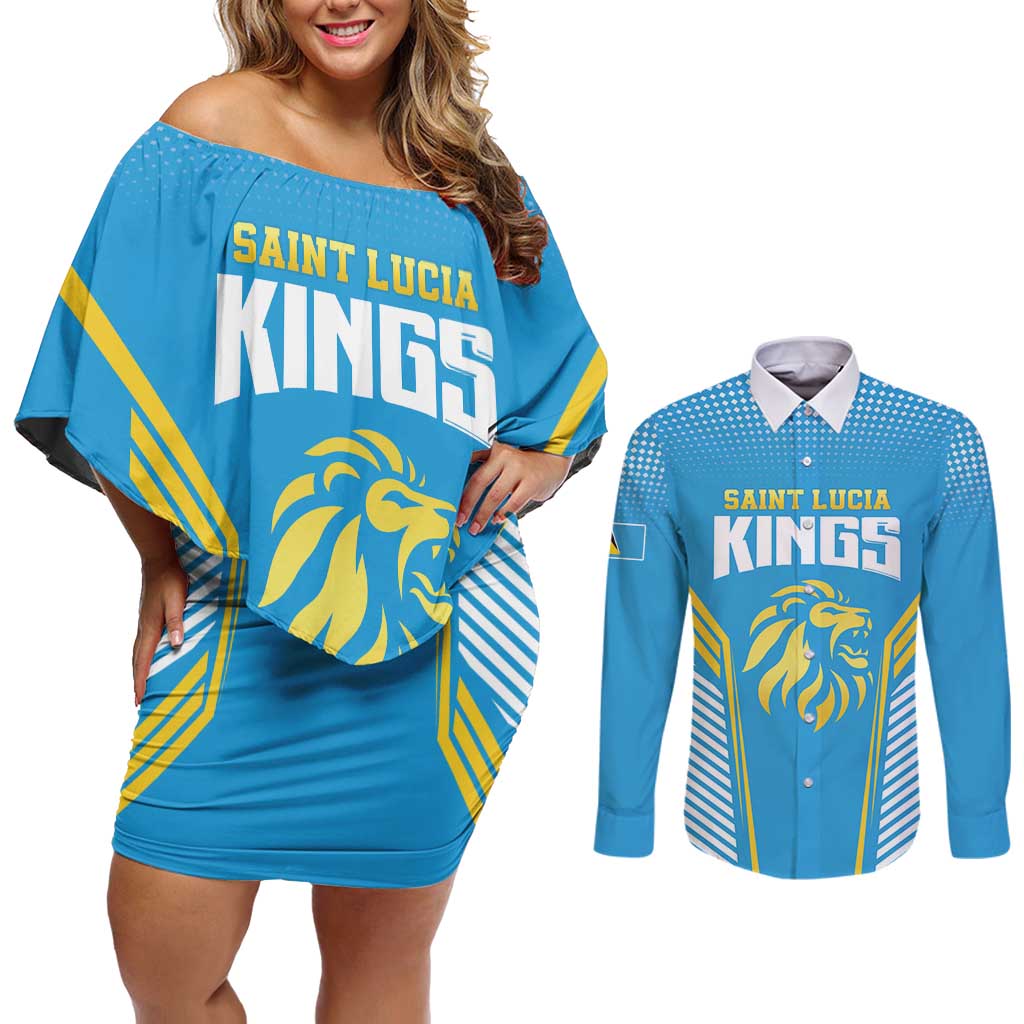 Custom Saint Lucia Kings Cricket Couples Matching Off Shoulder Short Dress and Long Sleeve Button Shirt Beinspired Go Champion - Wonder Print Shop