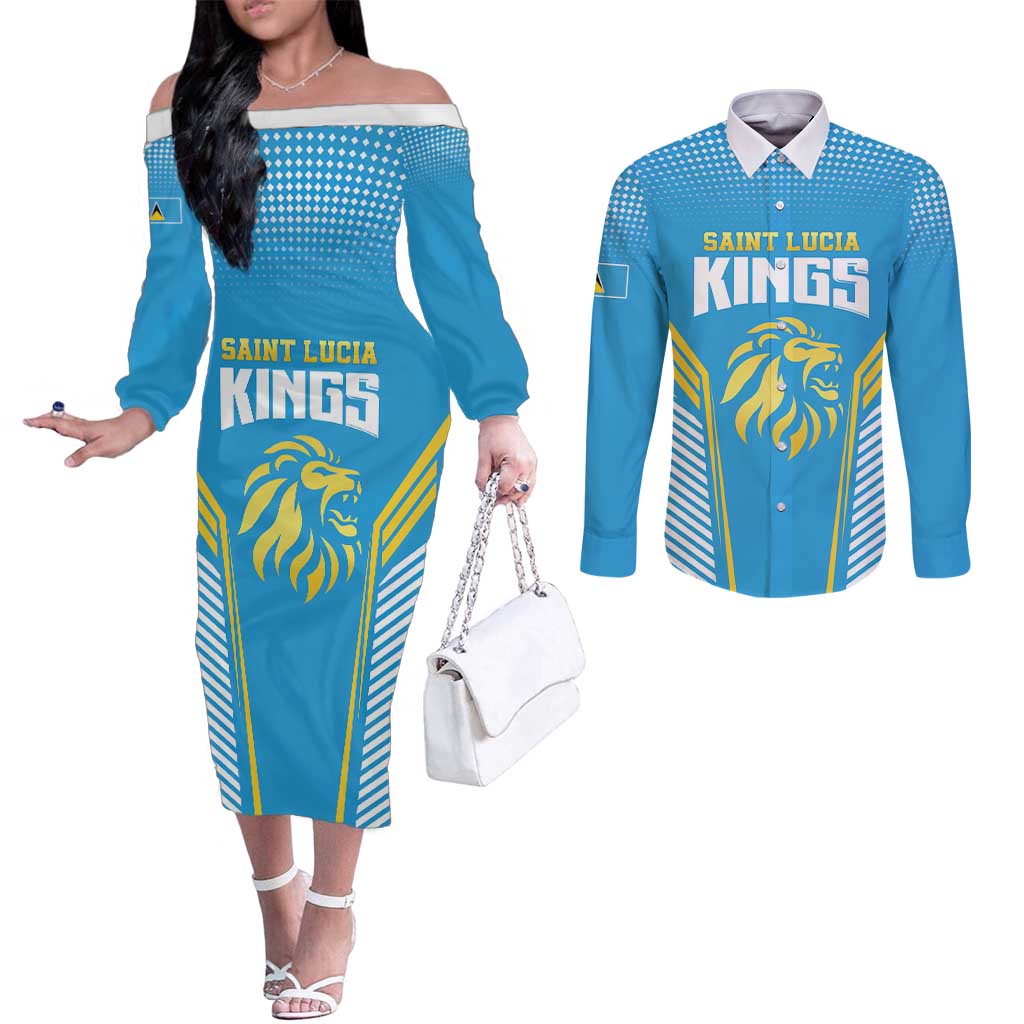 Custom Saint Lucia Kings Cricket Couples Matching Off The Shoulder Long Sleeve Dress and Long Sleeve Button Shirt Beinspired Go Champion - Wonder Print Shop