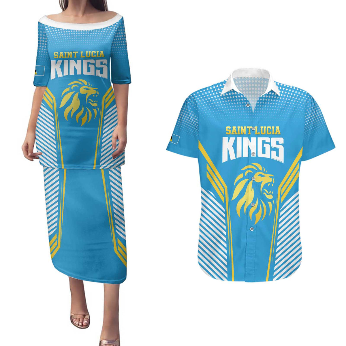 Custom Saint Lucia Kings Cricket Couples Matching Puletasi and Hawaiian Shirt Beinspired Go Champion - Wonder Print Shop
