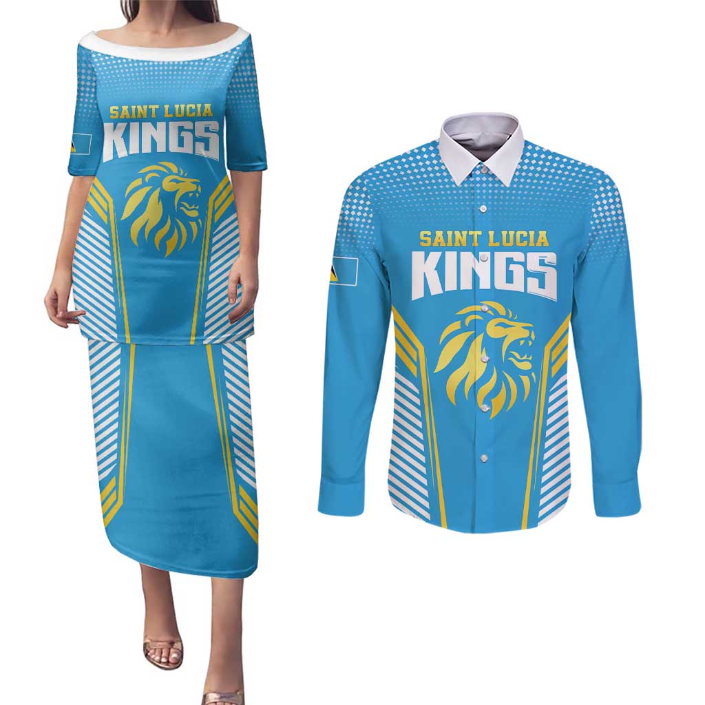 Custom Saint Lucia Kings Cricket Couples Matching Puletasi and Long Sleeve Button Shirt Beinspired Go Champion - Wonder Print Shop