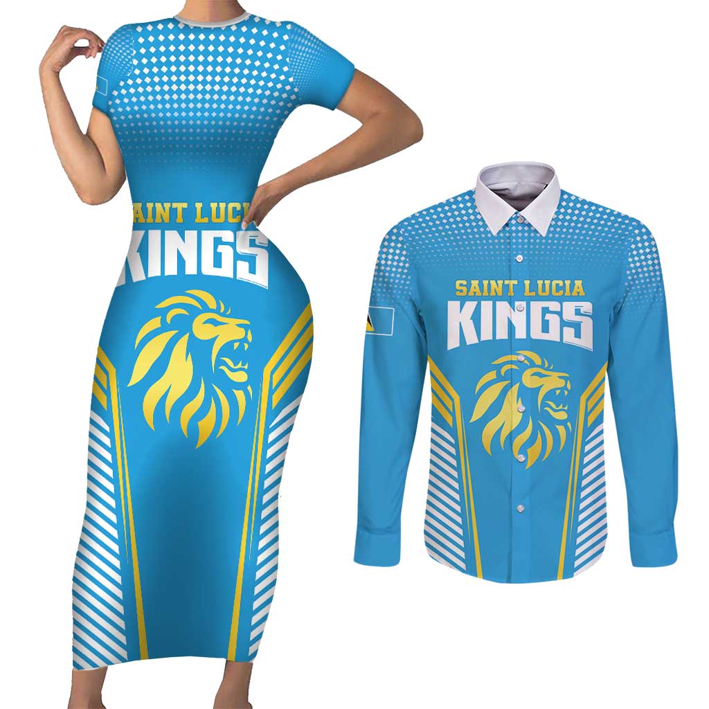 Custom Saint Lucia Kings Cricket Couples Matching Short Sleeve Bodycon Dress and Long Sleeve Button Shirt Beinspired Go Champion - Wonder Print Shop