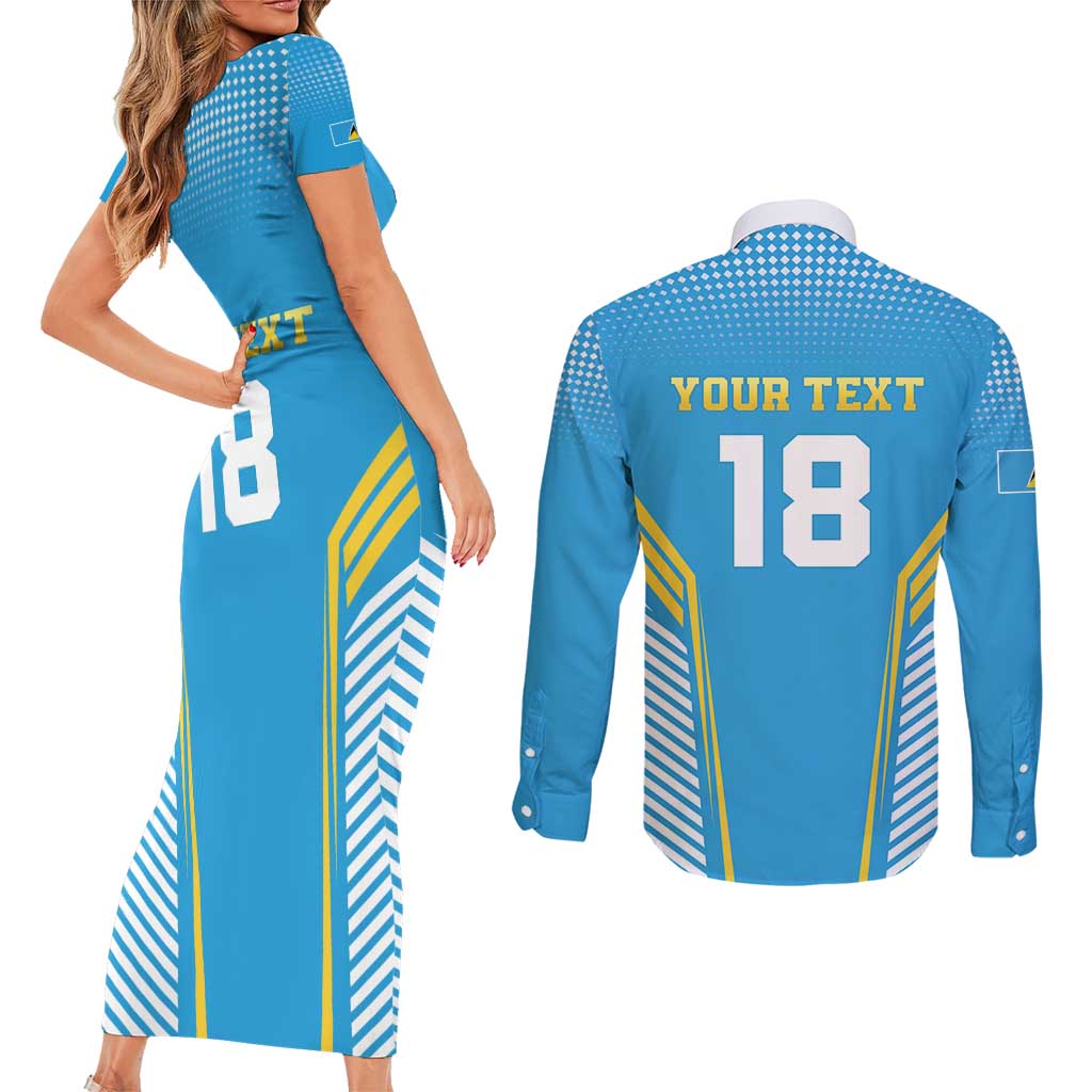 Custom Saint Lucia Kings Cricket Couples Matching Short Sleeve Bodycon Dress and Long Sleeve Button Shirt Beinspired Go Champion - Wonder Print Shop