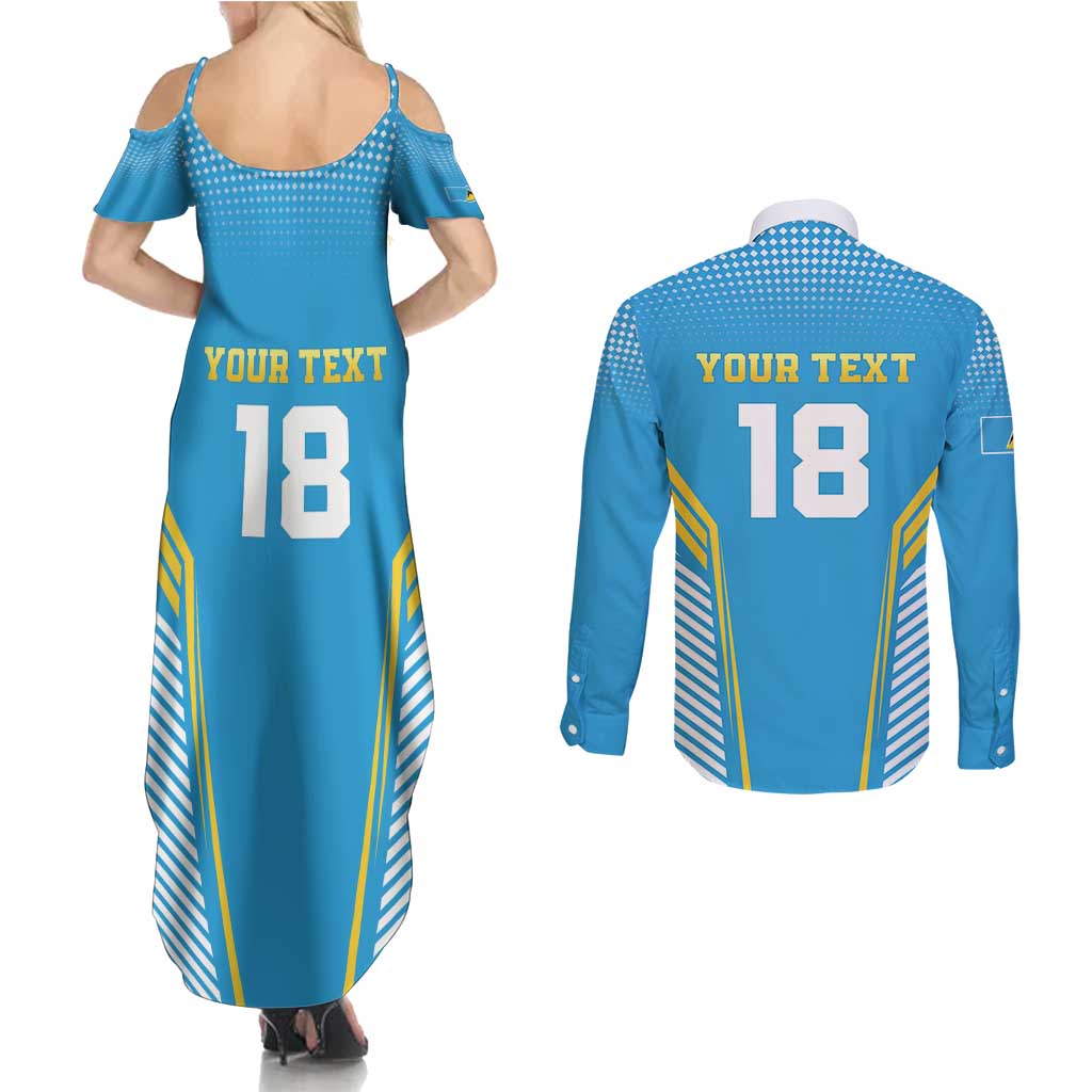 Custom Saint Lucia Kings Cricket Couples Matching Summer Maxi Dress and Long Sleeve Button Shirt Beinspired Go Champion - Wonder Print Shop
