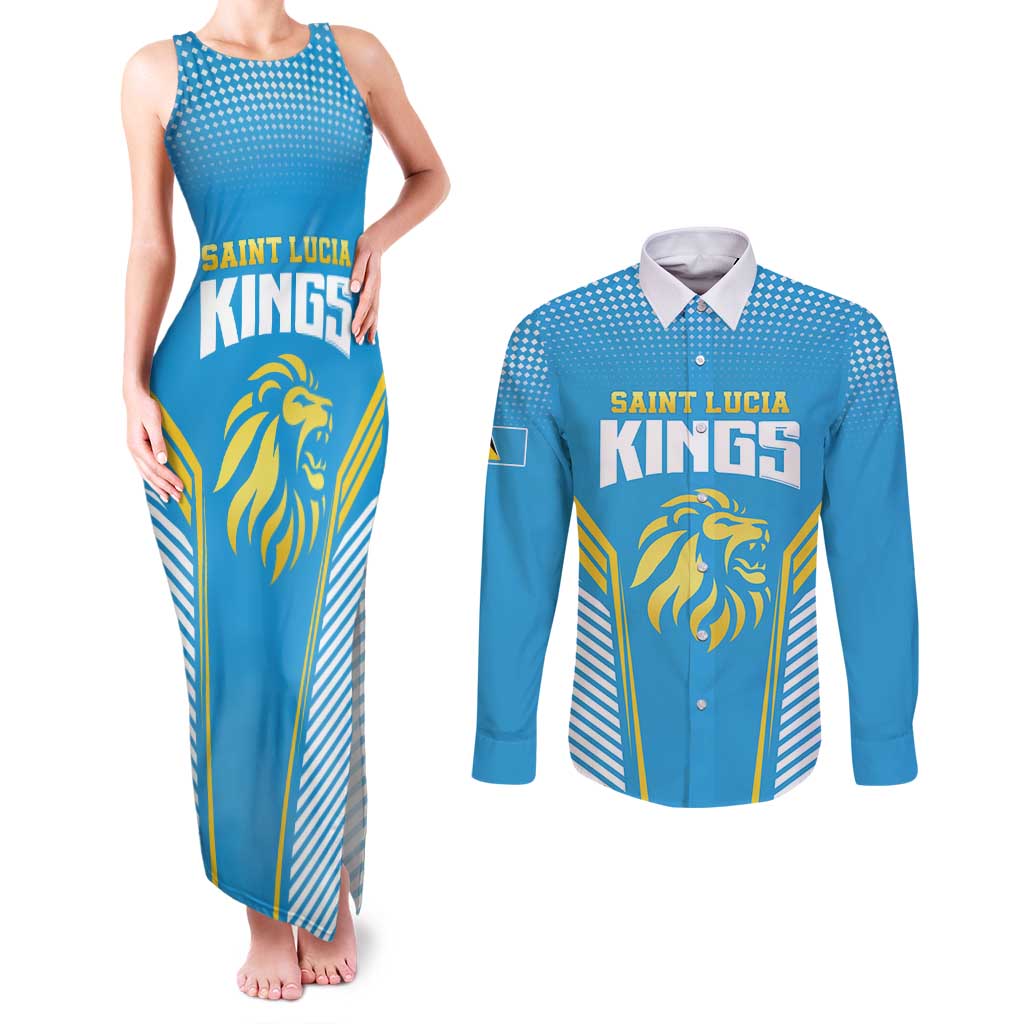Custom Saint Lucia Kings Cricket Couples Matching Tank Maxi Dress and Long Sleeve Button Shirt Beinspired Go Champion - Wonder Print Shop
