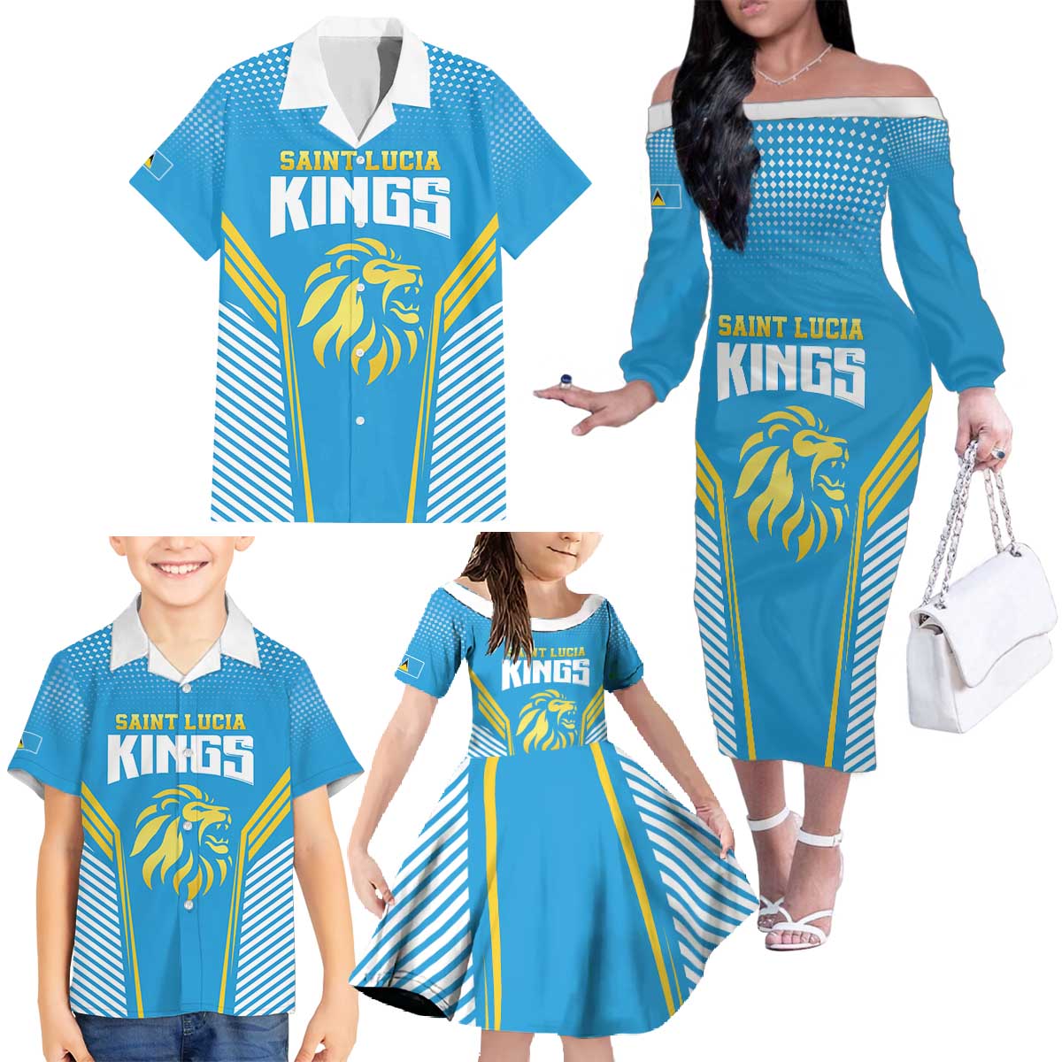 Custom Saint Lucia Kings Cricket Family Matching Off The Shoulder Long Sleeve Dress and Hawaiian Shirt Beinspired Go Champion - Wonder Print Shop
