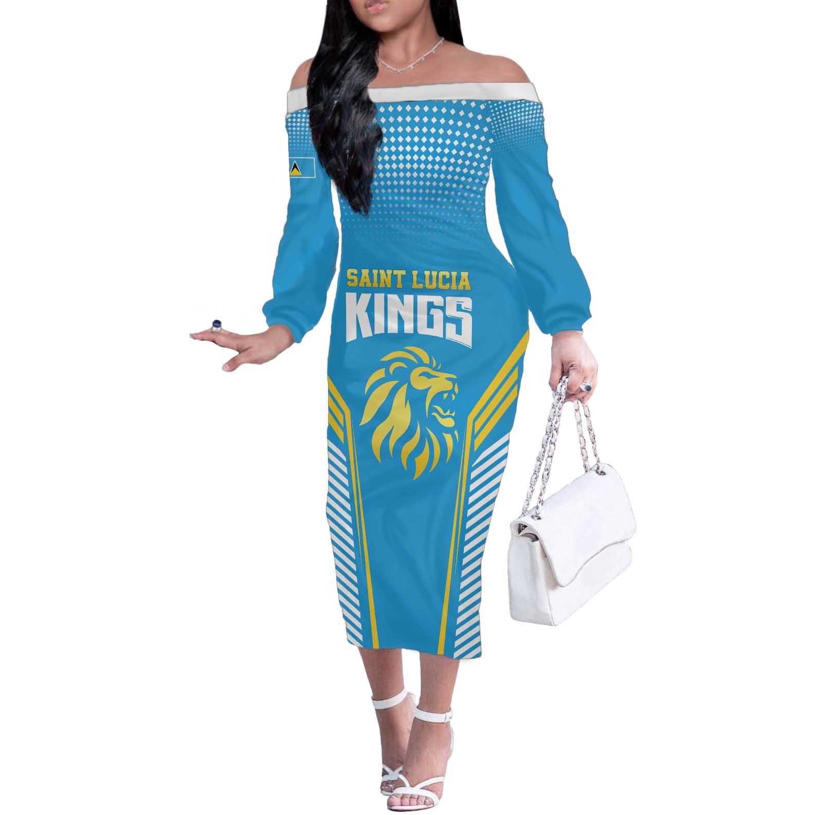Custom Saint Lucia Kings Cricket Off The Shoulder Long Sleeve Dress Beinspired Go Champion - Wonder Print Shop