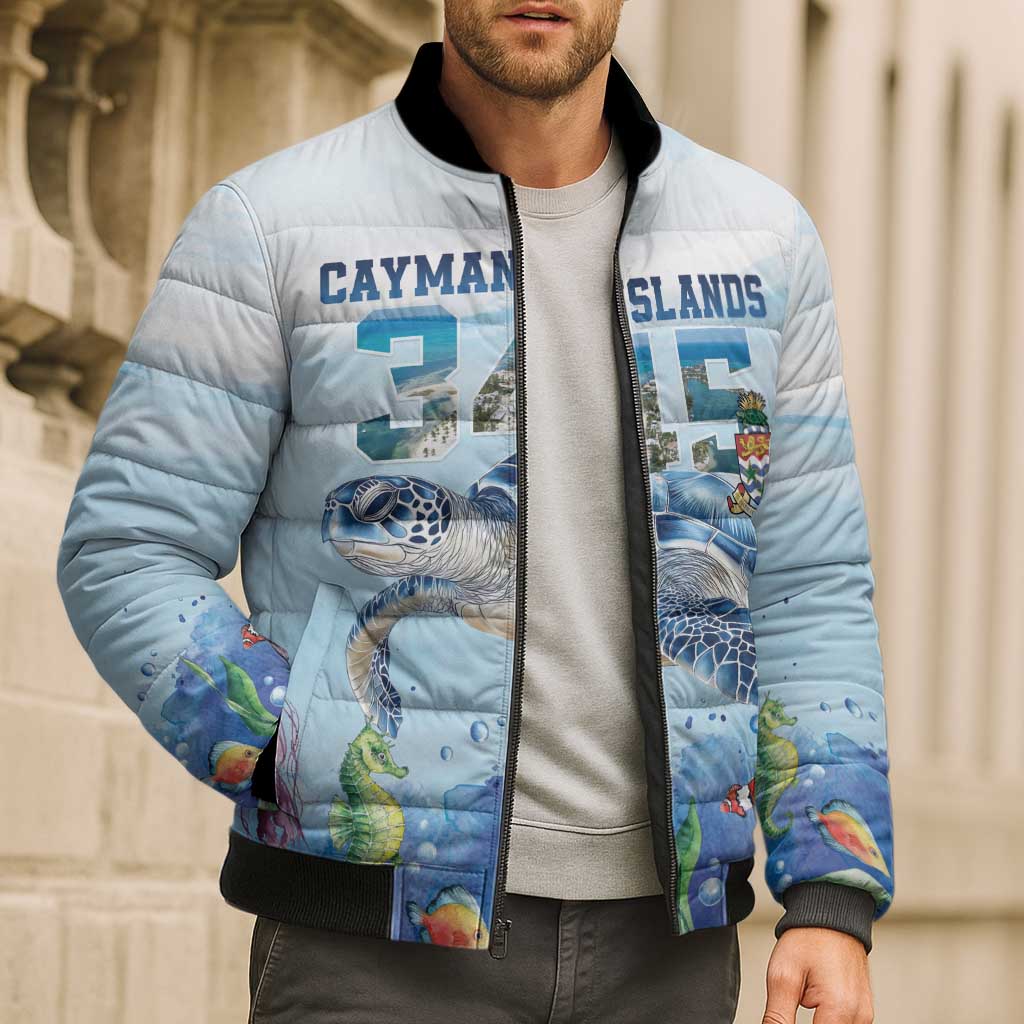 Personalized Cayman Islands 345 Bomber Puffer Jacket Watercolor Turtle - Wonder Print Shop