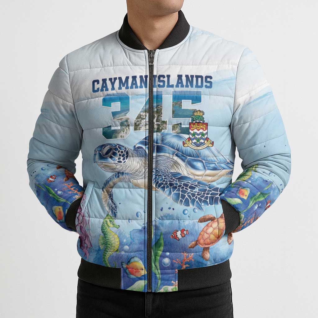 Personalized Cayman Islands 345 Bomber Puffer Jacket Watercolor Turtle - Wonder Print Shop