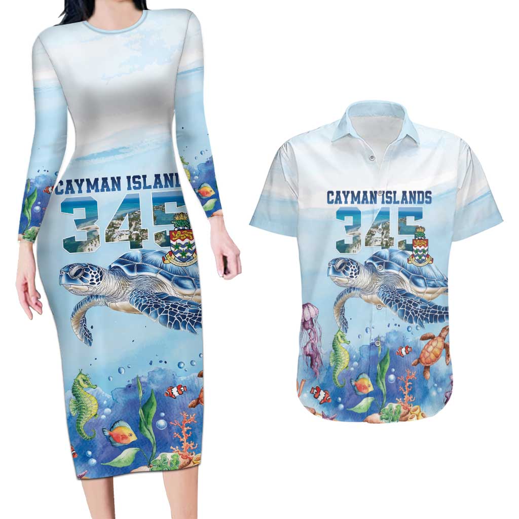 Personalized Cayman Islands 345 Couples Matching Long Sleeve Bodycon Dress and Hawaiian Shirt Watercolor Turtle - Wonder Print Shop