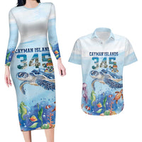 Personalized Cayman Islands 345 Couples Matching Long Sleeve Bodycon Dress and Hawaiian Shirt Watercolor Turtle - Wonder Print Shop