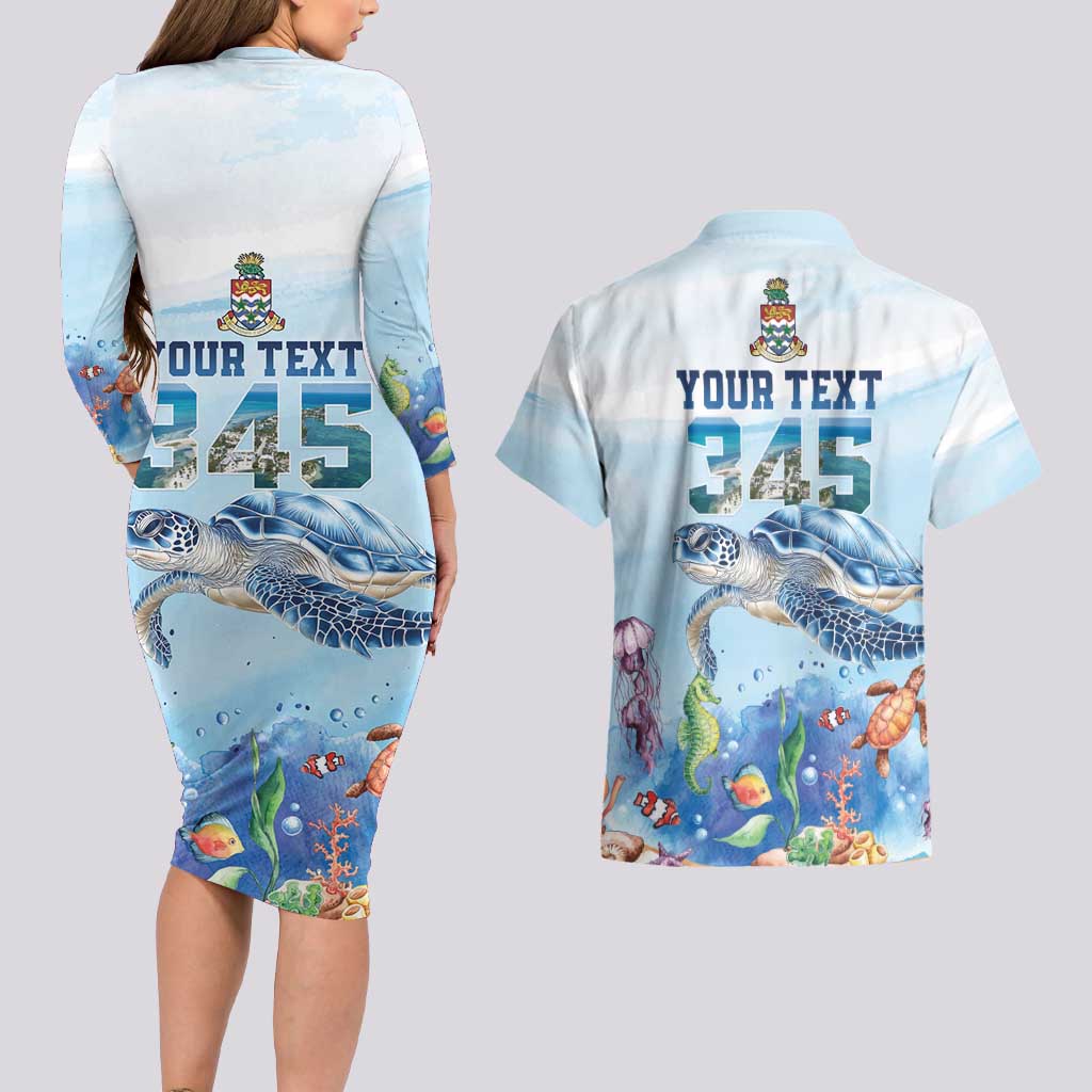Personalized Cayman Islands 345 Couples Matching Long Sleeve Bodycon Dress and Hawaiian Shirt Watercolor Turtle - Wonder Print Shop