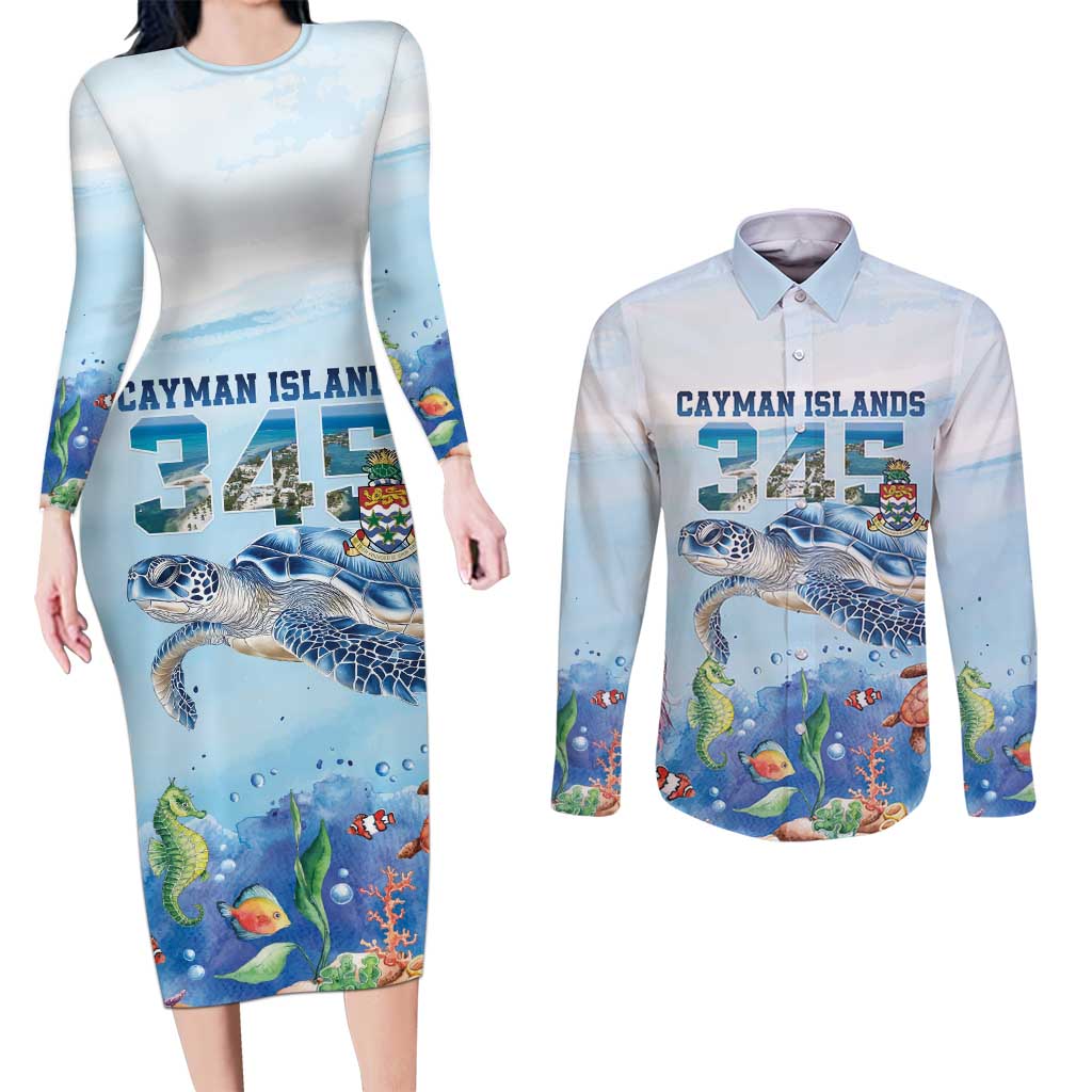 Personalized Cayman Islands 345 Couples Matching Long Sleeve Bodycon Dress and Long Sleeve Button Shirt Watercolor Turtle - Wonder Print Shop