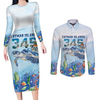 Personalized Cayman Islands 345 Couples Matching Long Sleeve Bodycon Dress and Long Sleeve Button Shirt Watercolor Turtle - Wonder Print Shop