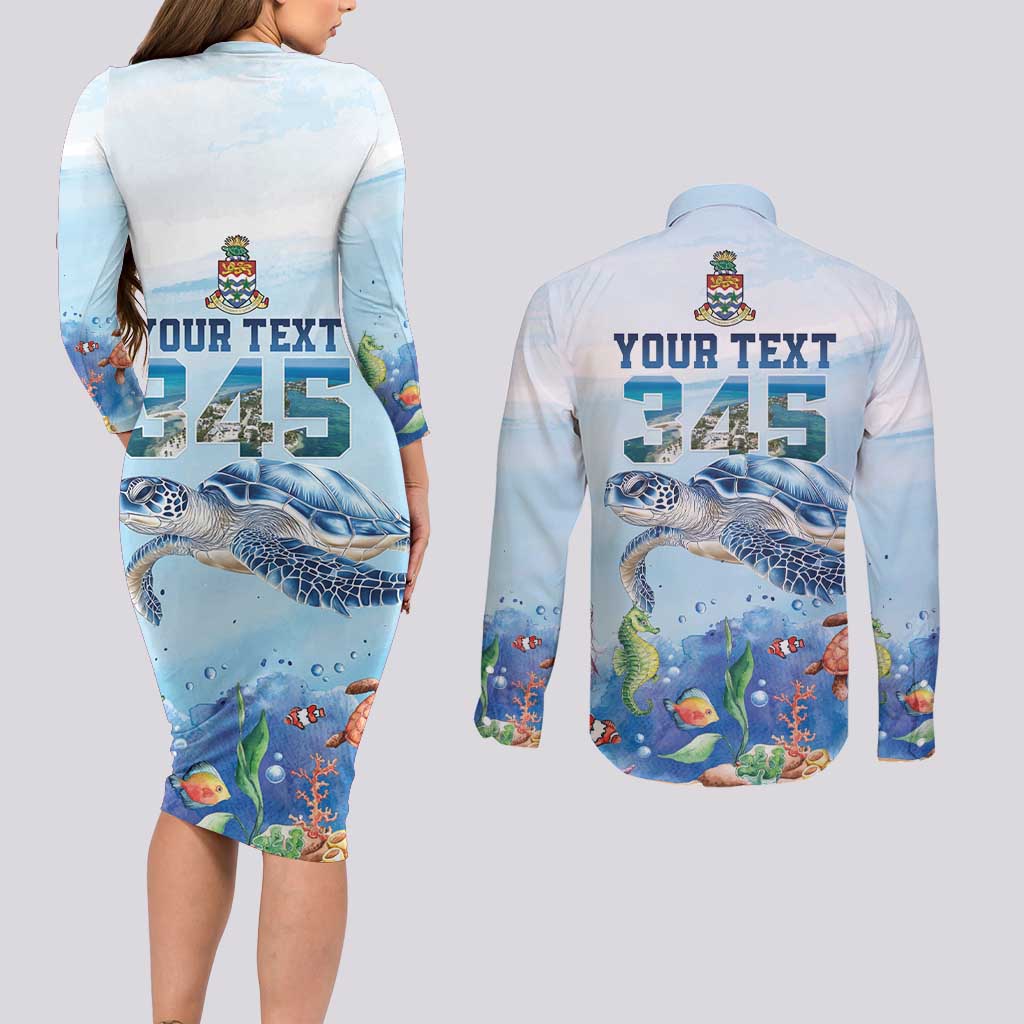 Personalized Cayman Islands 345 Couples Matching Long Sleeve Bodycon Dress and Long Sleeve Button Shirt Watercolor Turtle - Wonder Print Shop