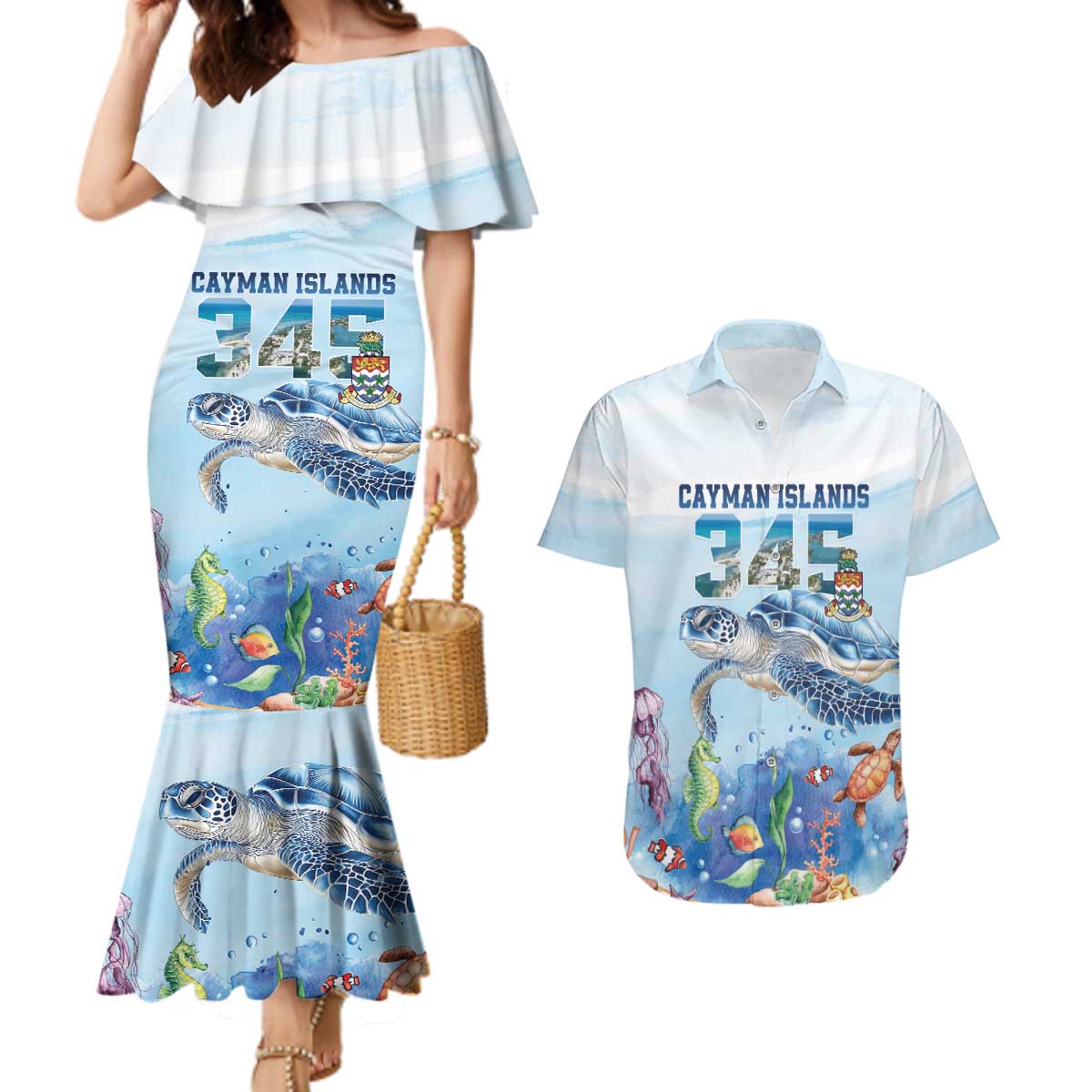 Personalized Cayman Islands 345 Couples Matching Mermaid Dress and Hawaiian Shirt Watercolor Turtle - Wonder Print Shop