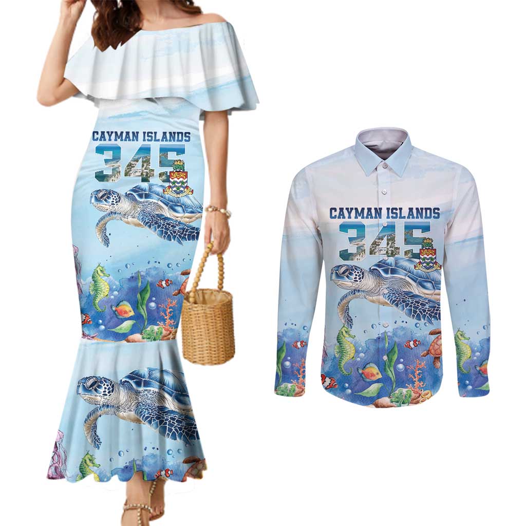 Personalized Cayman Islands 345 Couples Matching Mermaid Dress and Long Sleeve Button Shirt Watercolor Turtle - Wonder Print Shop