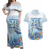 Personalized Cayman Islands 345 Couples Matching Off Shoulder Maxi Dress and Hawaiian Shirt Watercolor Turtle - Wonder Print Shop