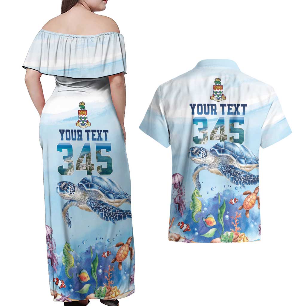 Personalized Cayman Islands 345 Couples Matching Off Shoulder Maxi Dress and Hawaiian Shirt Watercolor Turtle - Wonder Print Shop