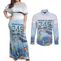 Personalized Cayman Islands 345 Couples Matching Off Shoulder Maxi Dress and Long Sleeve Button Shirt Watercolor Turtle - Wonder Print Shop