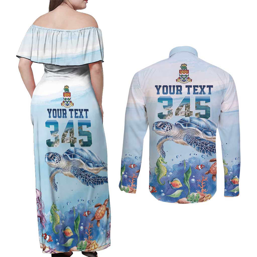 Personalized Cayman Islands 345 Couples Matching Off Shoulder Maxi Dress and Long Sleeve Button Shirt Watercolor Turtle - Wonder Print Shop