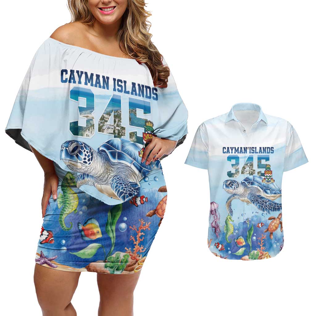 Personalized Cayman Islands 345 Couples Matching Off Shoulder Short Dress and Hawaiian Shirt Watercolor Turtle - Wonder Print Shop